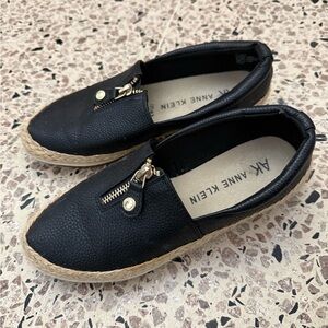 Anne Klein Black Espadrille Slip-Ons with Gold Zipper